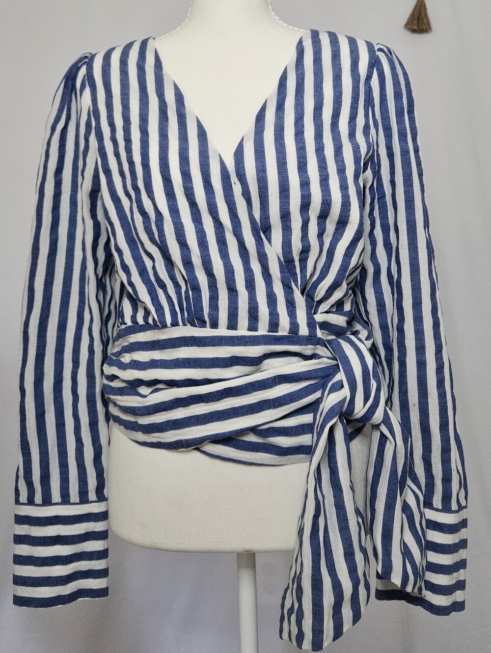 Blue White Striped Cotton Wrap Blouse Tie Waist Puff Sleeve M